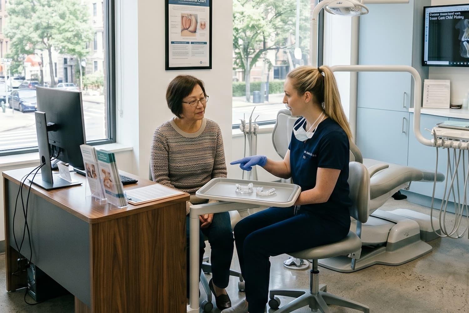 Dentist showing a custom oral sleep appliance to a patient in a dental consultation room